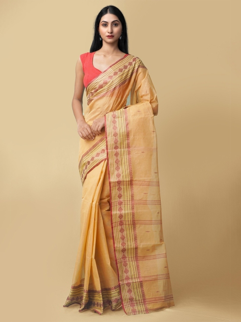 

Unnati Silks Orange & Red Woven Design Handloom Taant Pure Cotton Saree