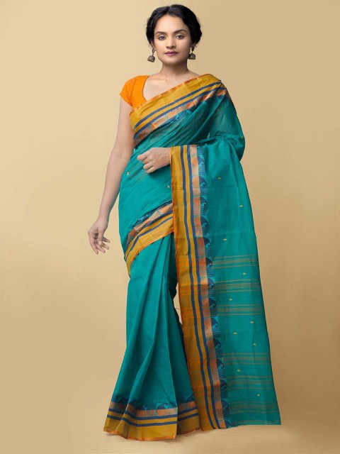 

Unnati Silks Sea Green & Yellow Woven Design Pure Cotton Taant Saree