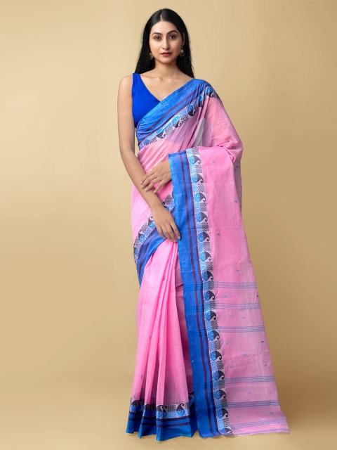 

Unnati Silks Women Pink & Blue Pure Handloom Tant Bengal Cotton Sustainable Saree