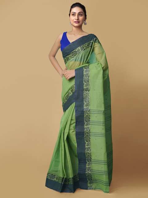 

Unnati Silks Women Green & Navy Pure Handloom Tant Bengal Cotton Sustainable Saree