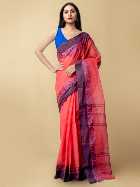 

Unnati Silks Women Red & Pink Pure Handloom Tant Bengal Cotton Sustainable Saree