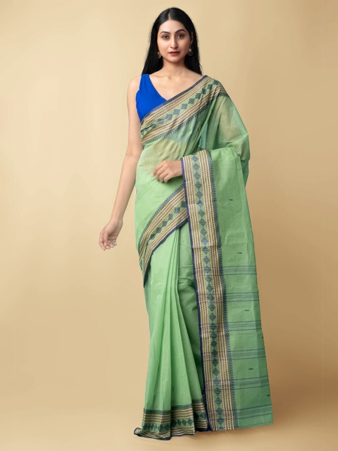 

Unnati Silks Women Green & Blue Pure Handloom Tant Bengal Cotton Sustainable Saree