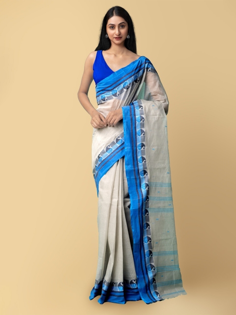 

Unnati Silks Women Cream-Coloured & Blue Pure Handloom Tant Bengal Cotton Sustainable Saree