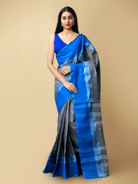 

Unnati Silks Grey & Blue Woven Design Pure Cotton Handloom Taant Saree