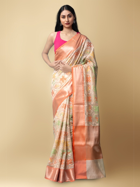 

Unnati Silks Cream-Coloured & Orange Woven Design Zari Silk Cotton Banarasi Saree