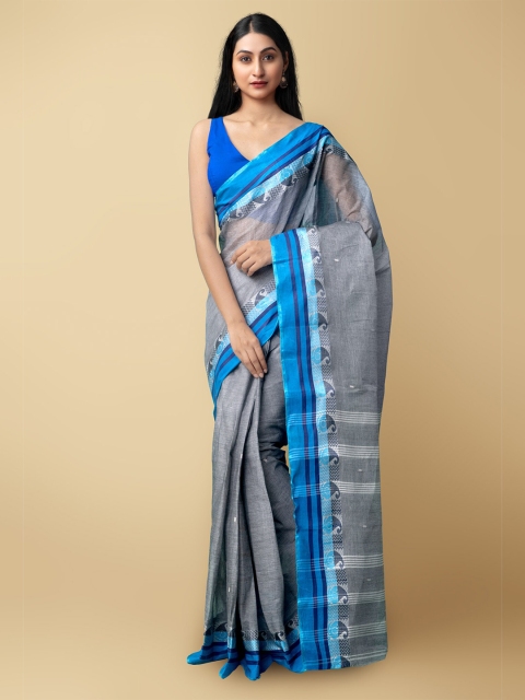 

Unnati Silks Women Grey & Blue Pure Handloom Tant Bengal Cotton Sustainable Saree