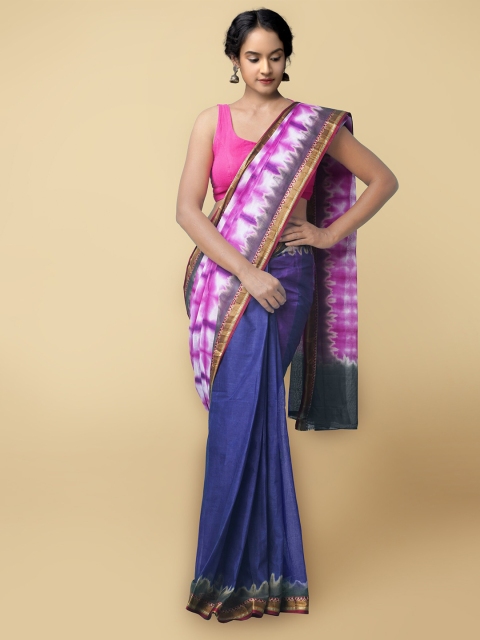 

Unnati Silks Blue & White Leheriya Pure Shibori Cotton Leheriya Saree