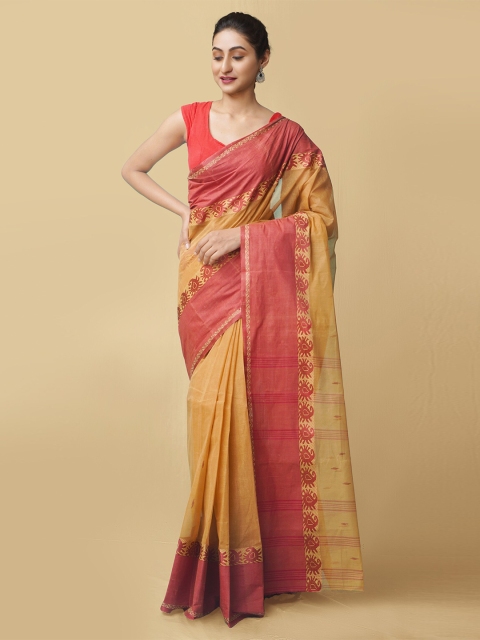 

Unnati Silks Women Brown & Red Pure Handloom Tant Bengal Cotton Sustainable Saree