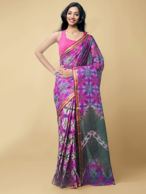 

Unnati Silks Pink & Grey Leheriya Pure Cotton Leheriya Saree