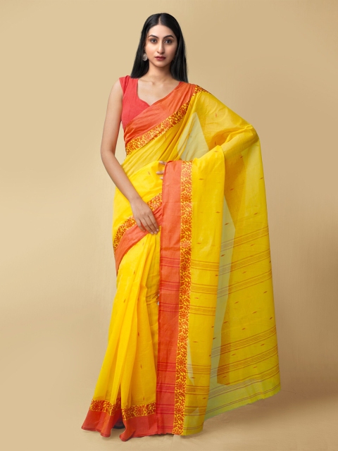 

Unnati Silks Women Yellow & Red Pure Handloom Tant Bengal Cotton Sustainable Saree