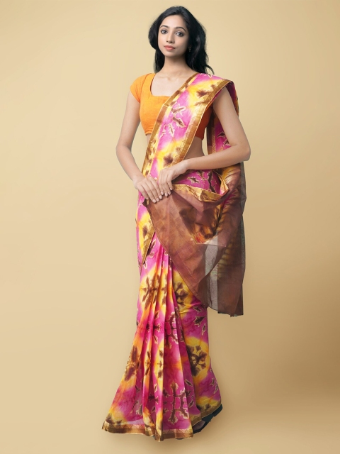 

Unnati Silks Women Yellow & Pink Pure Shibori Cotton Saree