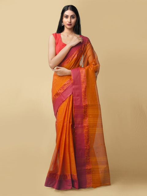 

Unnati Silks Pink & Yellow Woven Design Handloom Pure Cotton Taant Saree