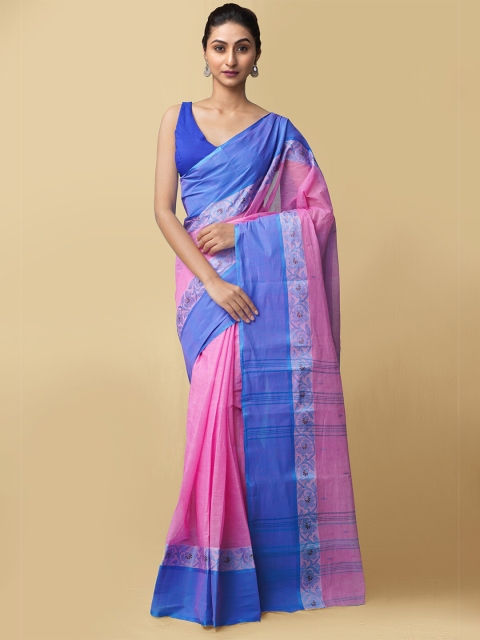 

Unnati Silks Pink & Blue Woven Design Pure Cotton Taant Saree