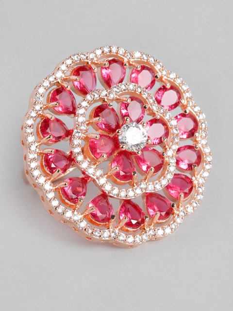 

Peora Women Rose Gold-Plated Pink American Diamond CZ Studded Floral Adjustable Ring