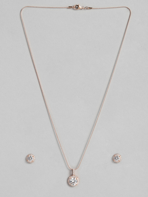 

Peora Women Rose Gold-Plated White American Diamond CZ Pendant Earring Set with Chain