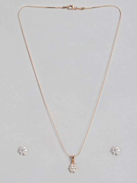 

Peora Women Rose Gold-Plated White American Diamond CZ Pendant Earring Set with Chain