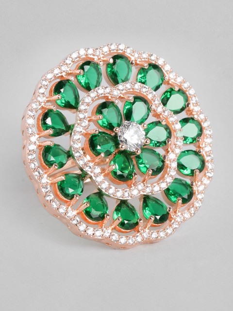 

Peora Women Rose Gold-Plated Green American Diamond CZ Studded Floral Adjustable Ring