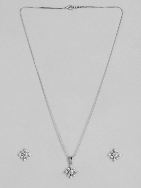 

Peora White Silver-Plated American Diamond & CZ Studded Floral Pendent Chain with Earrings
