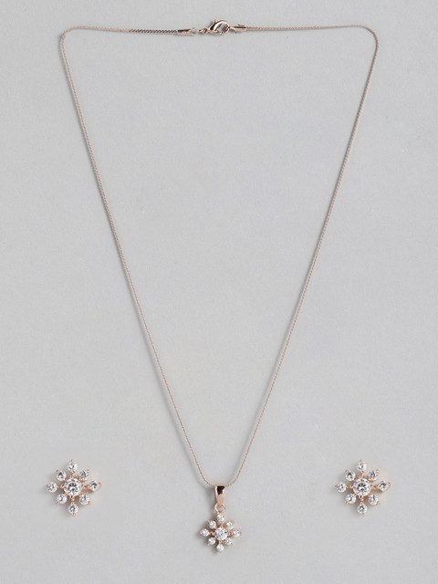 

Peora Women Rose Gold-Plated White American Diamond CZ Pendant Earring Set with Chain
