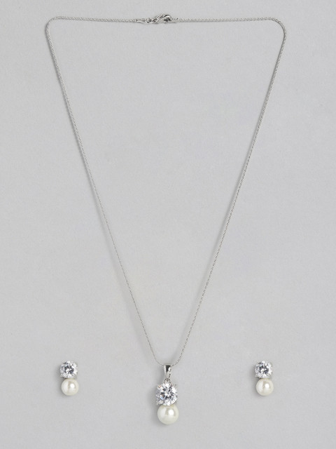 

Peora White Silver-Plated CZ & Pearl Studded Pendent Chain with Earrings