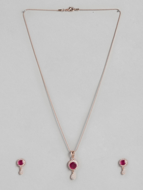 

Peora Women Rose Gold-Plated Magenta American Diamond CZ Pendant Earring Set with Chain