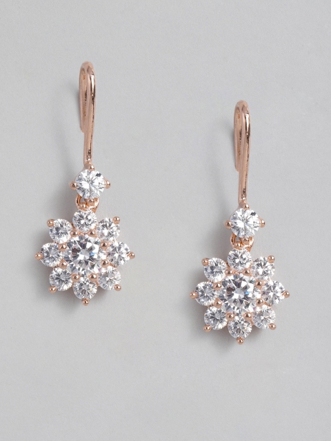 

Peora White Rose Gold Plated American Diamond Floral Design Drop Earrings