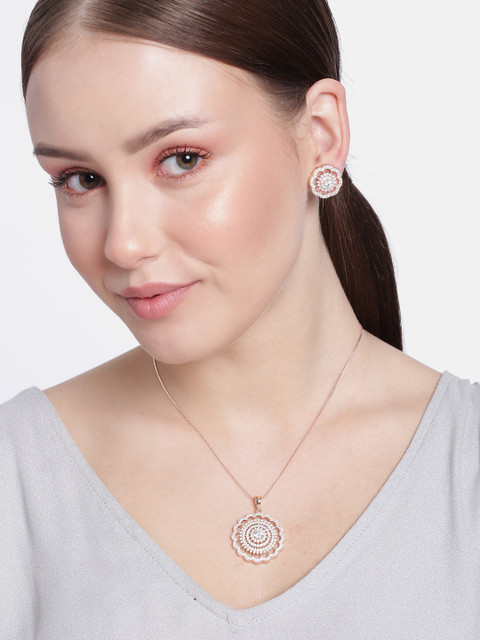 

Peora White Silver-Plated American Diamond & CZ Studded Floral Pendent Chain & Earrings