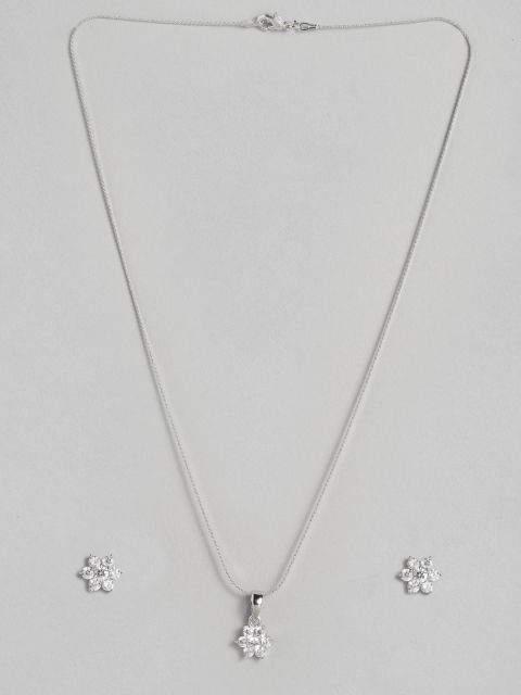 

Peora Women Silver-Plated White American Diamond CZ Floral Pendant Earring Set with Chain