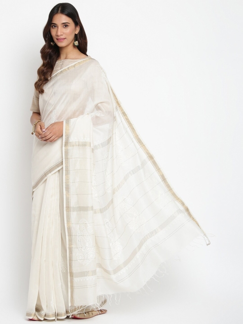 

Fabindia White Paisley Embroidered Silk Cotton Saree