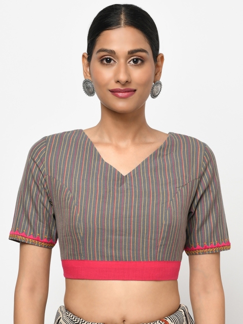 

Fabindia Women Grey & Pink Embroidered Cotton Saree Blouse