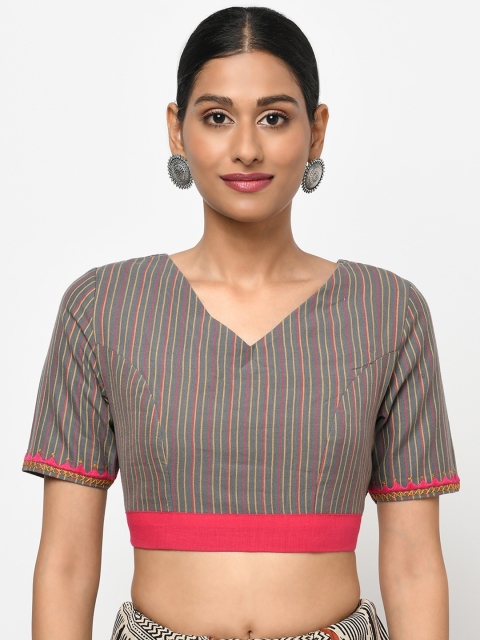 

Fabindia Women Grey & Pink Striped Cotton Saree Blouse