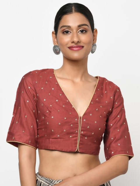 

Fabindia Women Rustic Orange & Gold-Coloured Embroidered Silk Saree Blouse, Rust