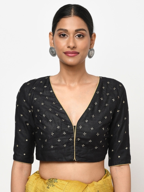 

Fabindia Women's Black & Gold-Toned Embroidered Padded Silk Saree Blouse