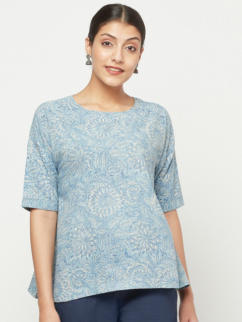 

Fabindia Blue Printed Floral Regular Top