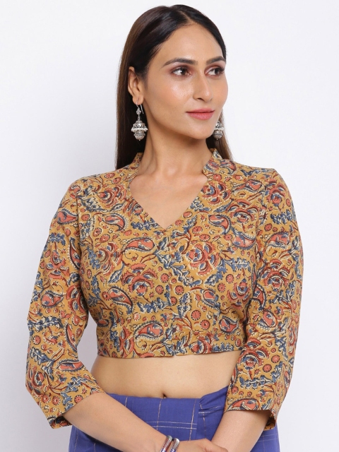 

Fabindia Mustard Yellow & Blue Kalamkari Printed Cotton Saree Blouse