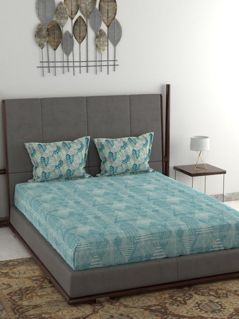

Trident Blue Geometric Pure Cotton 120 TC Double Queen Bedsheet with 2 Pillow Covers