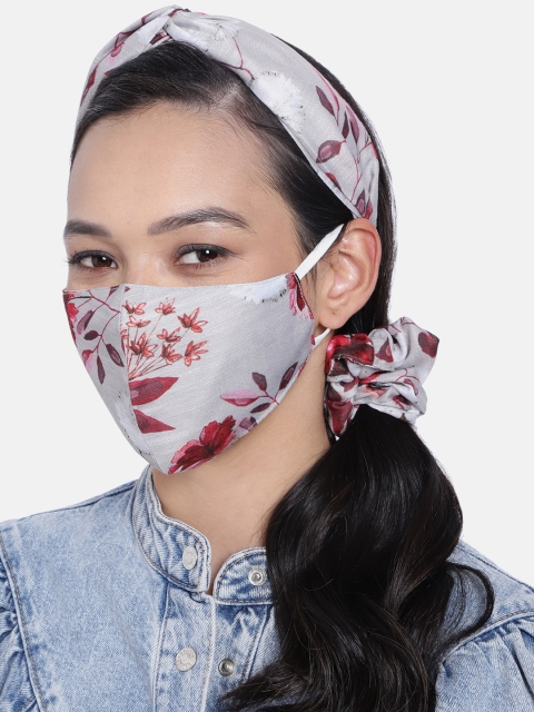 

Elaa Women Grey & Red Hairband With Ponytail Holder & Mask