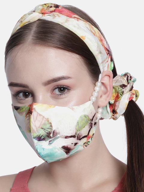 

Elaa Women Cream-Coloured & Multicoloured Hairband with Ponytail Holder & Mask