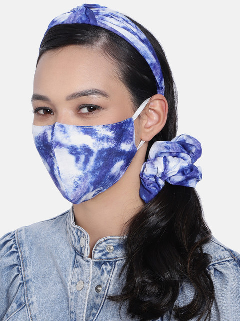 

Elaa Women Blue & White Hairband with Ponytail Holder & Mask