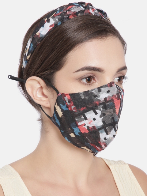 

Elaa Women Black Abstract Print Cotton Hairband with Mask