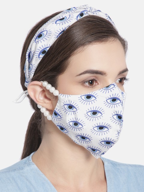 

Elaa Women Blue & White Set of Veronica Printed Hairband & Mask