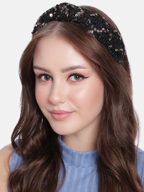 

Elaa Women Black & Gold-Toned Criss Cross Sequins Detail Embellished Hairband