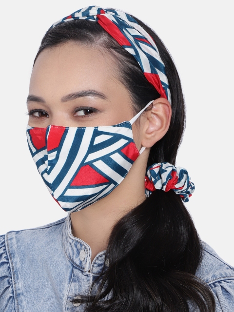 

Elaa Women Red & Blue Hairband with Mask & Ponytail Holder