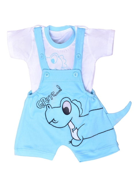 

Kiwi Kids Blue & White Printed Pure Cotton T-shirt with Dungarees