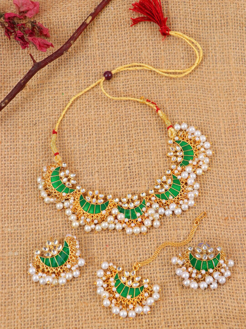 

Crunchy Fashion Gold-Plated Green & White Stone-Studded & Beaded Meenakari Jewellery Set