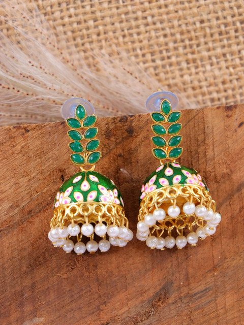 

Crunchy Fashion Green & Off White Dome Shaped Jhumkas Earrings