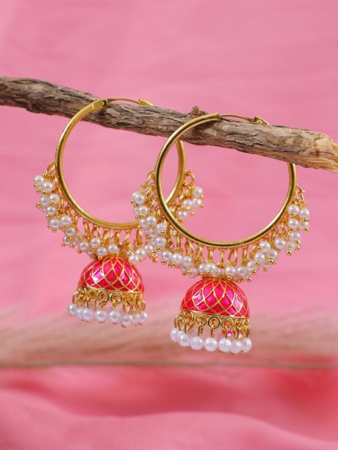 

Crunchy Fashion Pink Gold-Plated Meenakari Contemporary Jhumkas