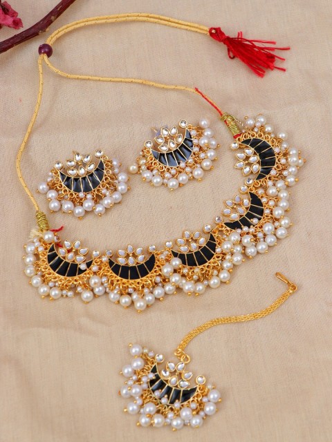 

Crunchy Fashion Gold-Plated White Kundan Studded & Beaded Black Meenakari Jewellery Set
