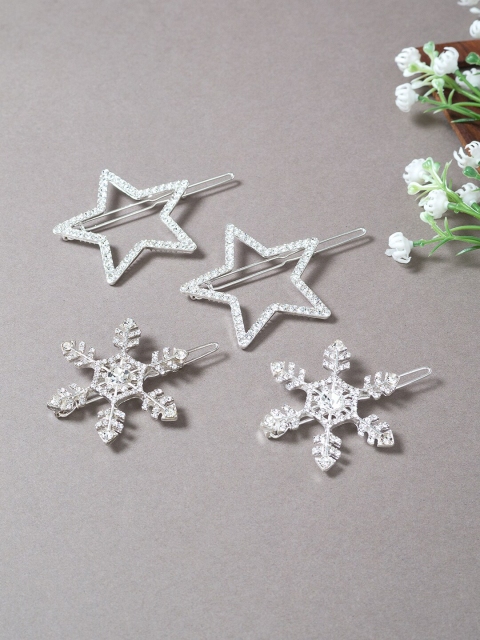 

Golden Peacock Women Silver-Toned & White Set of 4 Embellished Hair Clips