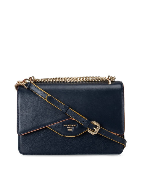 

Da Milano Blue Textured Leather Structured Sling Bag with Cut Work